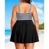 Plus Size One Piece Swim Dress Flowy Swimsuits Tummy Control Bathing Suit | Quick Dry,Adjustable Shoulder Straps,Built-in Brief(Black Stripe)