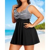 Plus Size One Piece Swim Dress Flowy Swimsuits Tummy Control Bathing Suit | Quick Dry,Adjustable Shoulder Straps,Built-in Brief(Black Stripe)