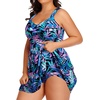 Plus Size One Piece Swim Dress Flowy Swimsuits Tummy Control Bathing Suit | Quick Dry,Adjustable Shoulder Straps,Built-in Brief(Blue Leaves)