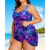 Plus Size One Piece Swim Dress Flowy Swimsuits Tummy Control Bathing Suit | Quick Dry,Adjustable Shoulder Straps,Built-in Brief(Blue Purple Leaves)