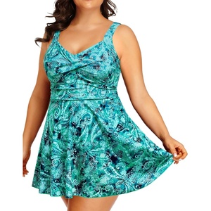 Plus Size One Piece Swim Dress Flowy Swimsuits Tummy Control Bathing Suit | Quick Dry,Adjustable Shoulder Straps,Built-in Brief(Blue Paisley)