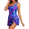 Tempt Me Women One Piece Swim Dress One Shoulder Swimsuit | Tummy control, Skirted bottom, Adjustable shoulder straps, Removable bra(Purple Leaves)