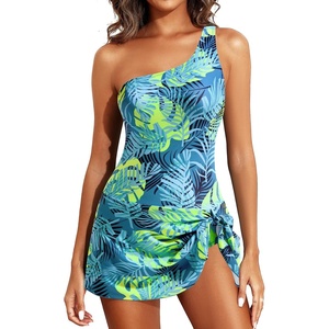 Tempt Me Women One Piece Swim Dress One Shoulder Swimsuit | Tummy control, Skirted bottom, Adjustable shoulder straps, Removable bra(Blue Leaves)