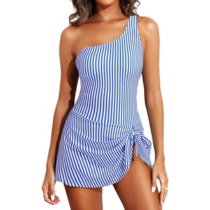 Tempt Me Women One Piece Swim Dress One Shoulder Swimsuit | Tummy control, Skirted bottom, Adjustable shoulder straps, Removable bra(Blue Striped)