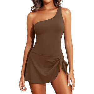 Tempt Me Women One Piece Swim Dress One Shoulder Swimsuit | Tummy control, Skirted bottom, Adjustable shoulder straps, Removable bra(Brown)
