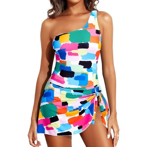 Tempt Me Women One Piece Swim Dress One Shoulder Swimsuit | Tummy control, Skirted bottom, Adjustable shoulder straps, Removable bra(Color Block)