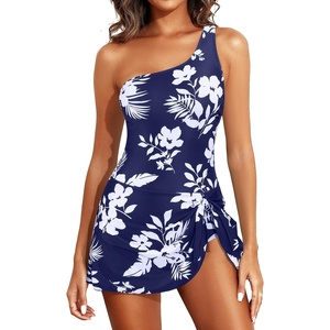 Tempt Me Women One Piece Swim Dress One Shoulder Swimsuit | Tummy control, Skirted bottom, Adjustable shoulder straps, Removable bra(Navy White Flower)