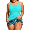 Women Plus Size Tankini with Swim Skirt Tummy Control Two Piece Swimsuits(Aqua Leaves)