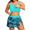 Women Plus Size Tankini with Swim Skirt Tummy Control Two Piece Swimsuits(Aqua Leaves)