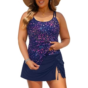 Women Plus Size Tankini with Swim Skirt Tummy Control Two Piece Swimsuits(Starry Sky)