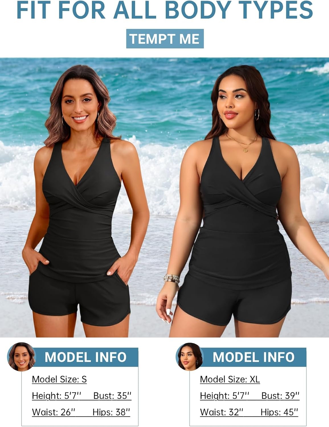 image:imageWomen Tankini Swimsuits with Shorts Two Piece Tummy Control Bathing SuitsBlack