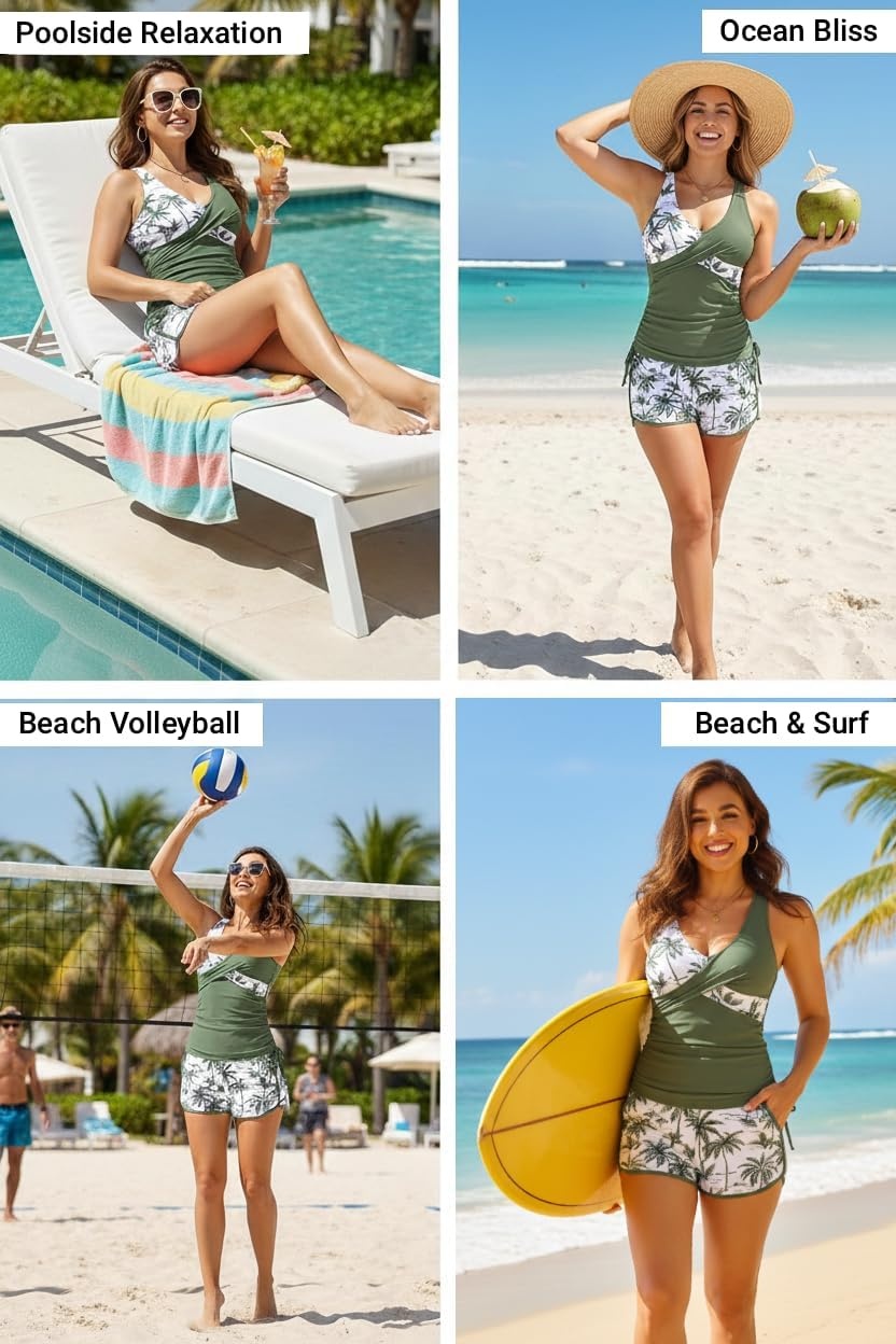 image:imageWomen Tankini Swimsuits with Shorts Two Piece Tummy Control Bathing SuitsPalm Print Green