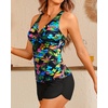 Women Tankini Swimsuits with Shorts Two Piece Tummy Control Bathing Suits(Black Colorful Leaves)
