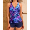 Women Tankini Swimsuits with Shorts Two Piece Tummy Control Bathing Suits(Blue Purple Leaves)