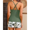 Women Tankini Swimsuits with Shorts Two Piece Tummy Control Bathing Suits(Green Palm Tree)
