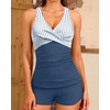 Women Tankini Swimsuits with Shorts Two Piece Tummy Control Bathing Suits(Striped and Blue)