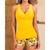 Women Tankini Swimsuits with Shorts Two Piece Tummy Control Bathing Suits(Yellow Flowers)