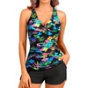 Women Tankini Swimsuits with Shorts Two Piece Tummy Control Bathing Suits(Black Colorful Leaves)