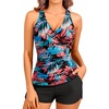 Women Tankini Swimsuits with Shorts Two Piece Tummy Control Bathing Suits(Blue and Red Leaves)