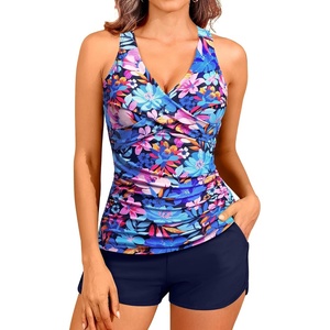Women Tankini Swimsuits with Shorts Two Piece Tummy Control Bathing Suits(Blue Multicolor)