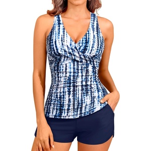 Women Tankini Swimsuits with Shorts Two Piece Tummy Control Bathing Suits(Blue Tie Dye)