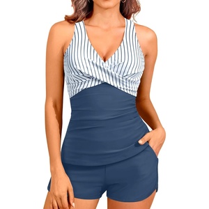 Women Tankini Swimsuits with Shorts Two Piece Tummy Control Bathing Suits(Striped and Blue)