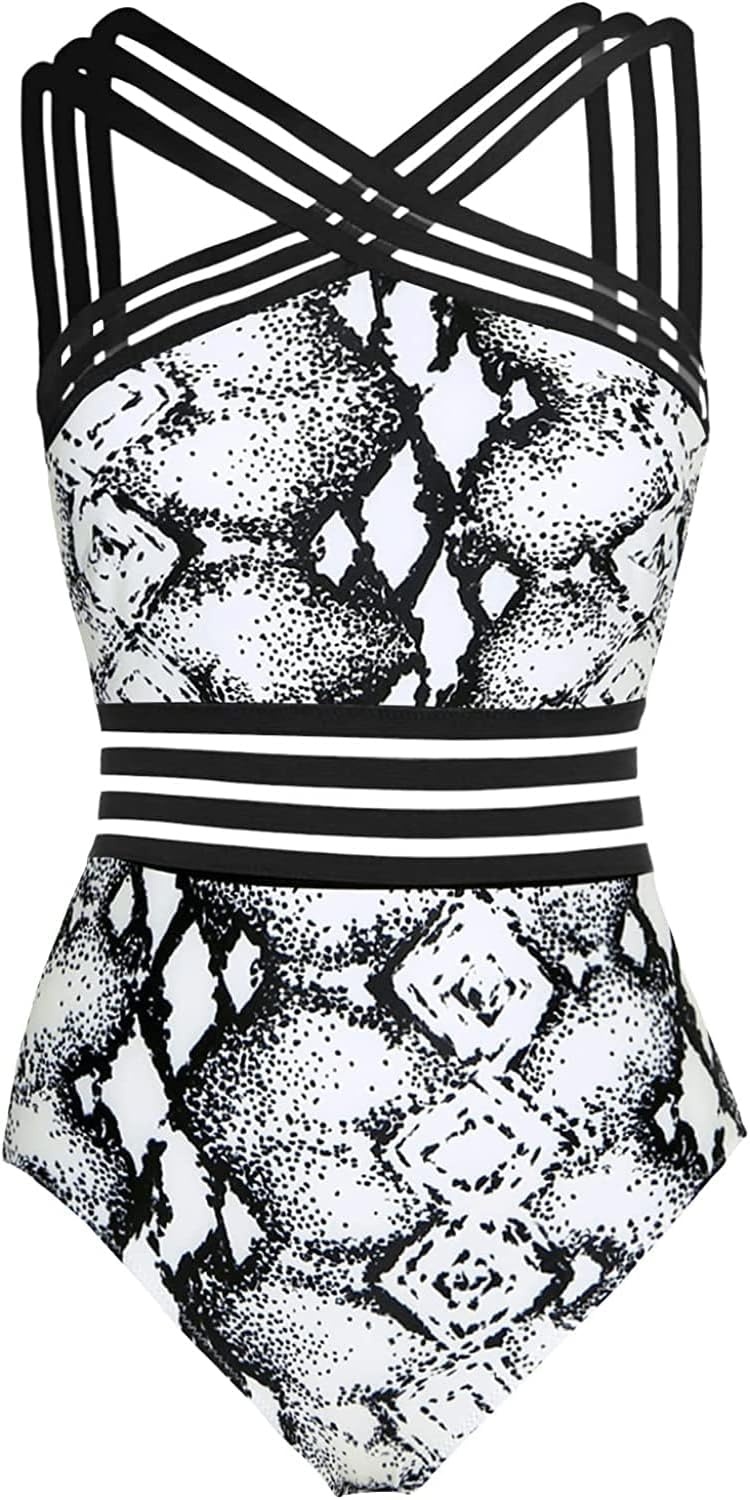 image:imageTempt Me Women Crisscross One Piece SwimsuitBlack and White