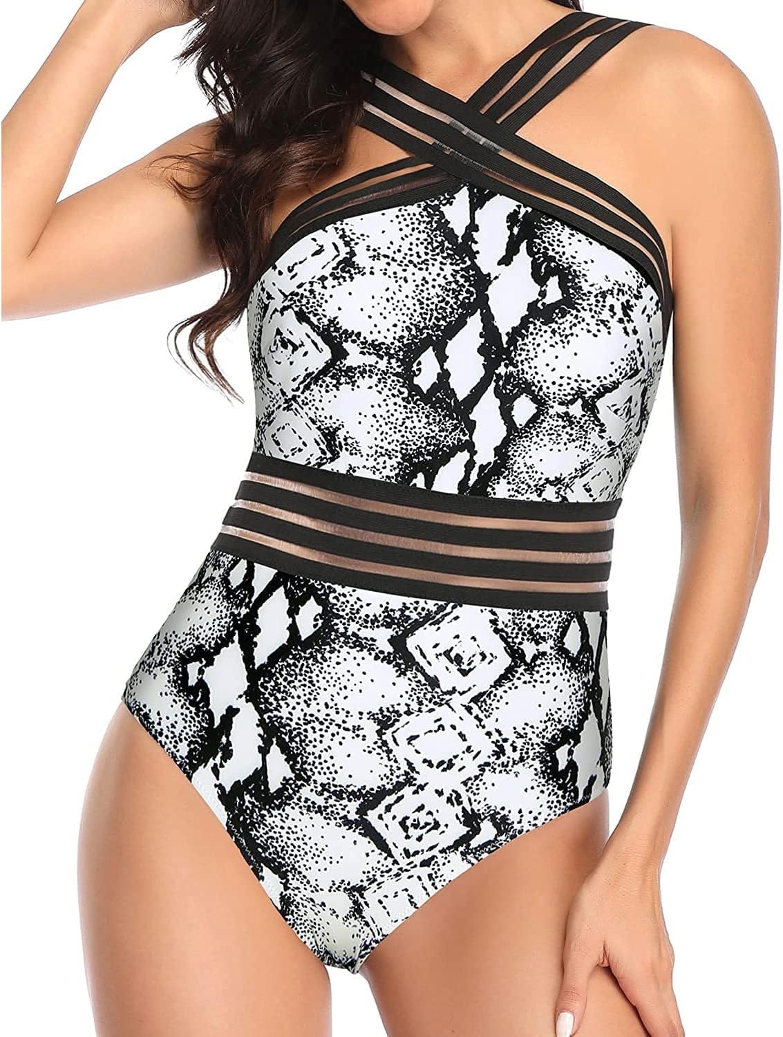 image:imageTempt Me Women Crisscross One Piece SwimsuitBlack and White
