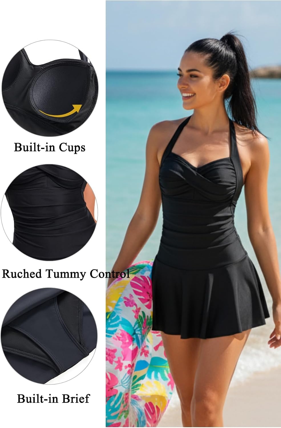 image:imageTempt Me Women One Piece Swimsuit with Skirt Tummy Control Swim DressBlack