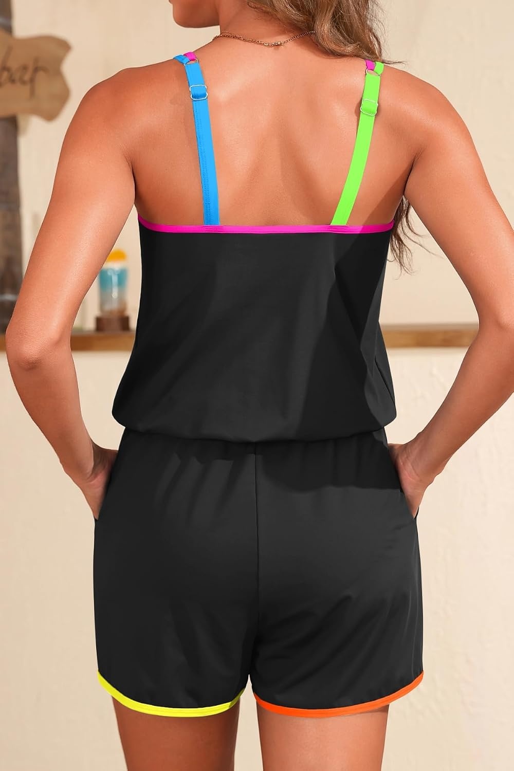 image:imageTempt Me Women Romper Swimsuit One Piece Bathing Suits with ShortsColorful Black