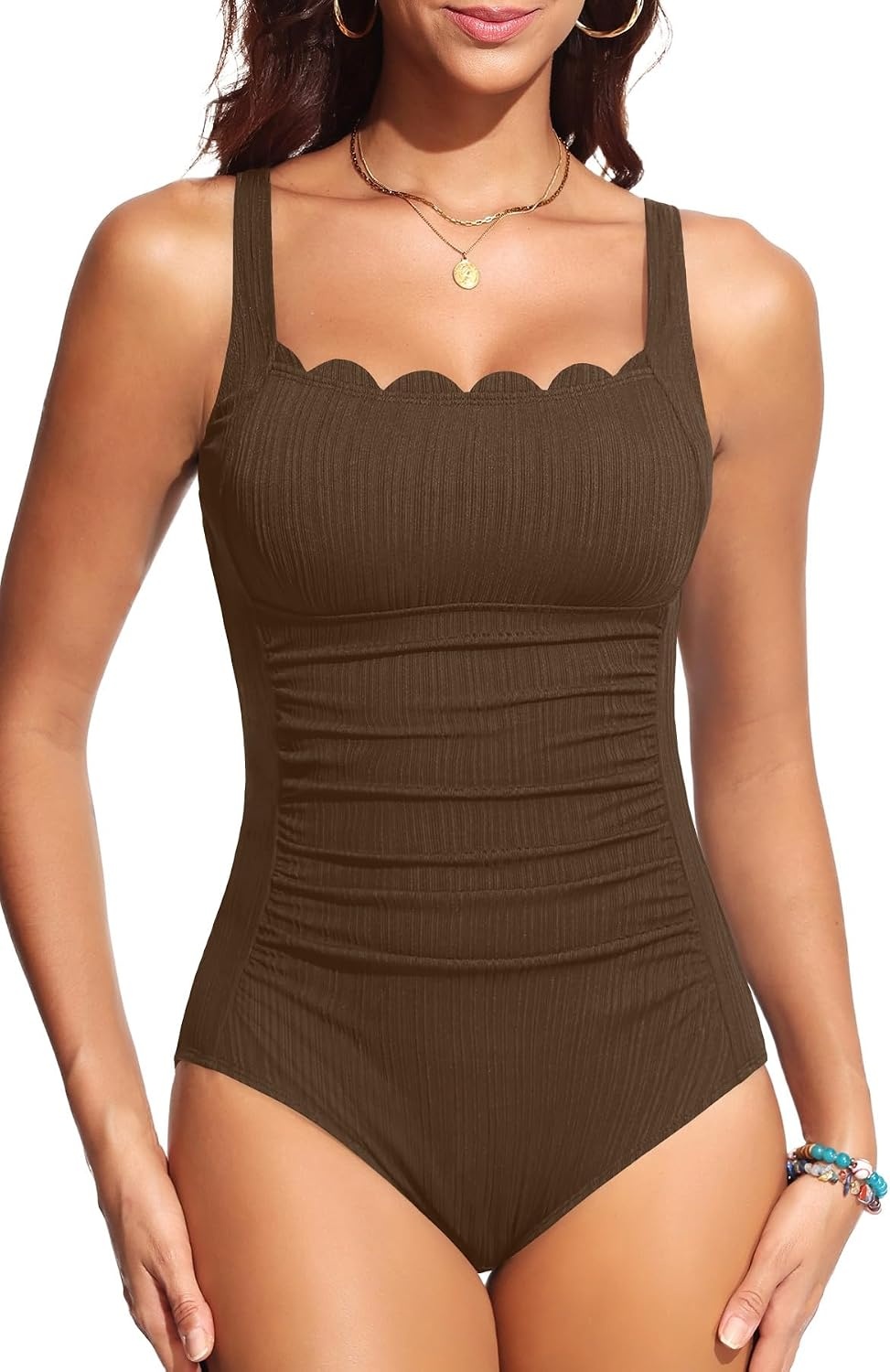 image:imageTempt Me Womens Ribbed One Piece Tummy Control Swimsuit 2026Brown