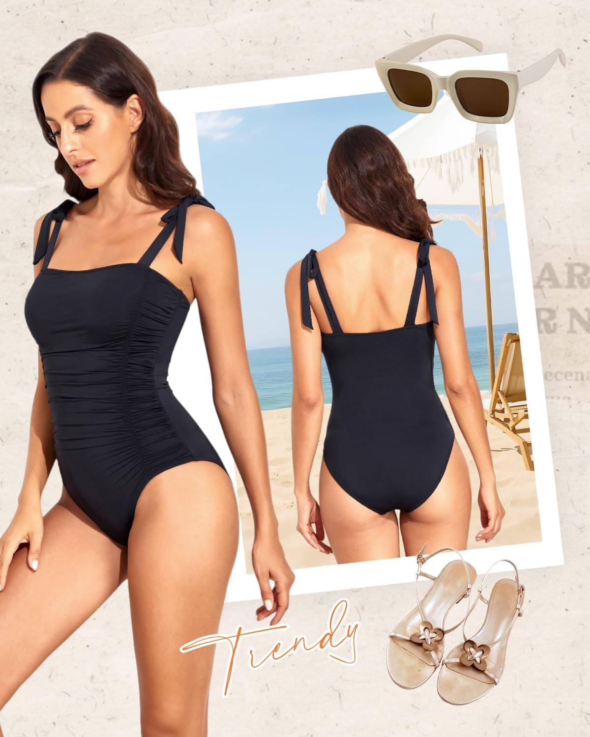 image:imageWomen One Piece Swimsuits Ruched Slimming Bathing Suits Vintage SwimwearBlack