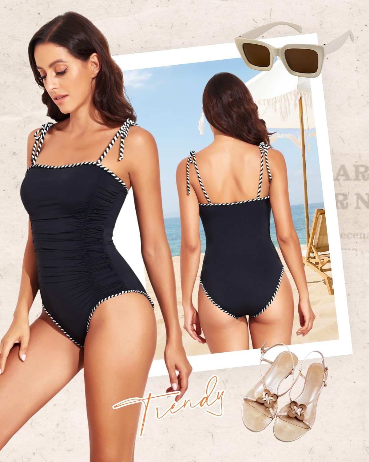 image:imageWomen One Piece Swimsuits Ruched Slimming Bathing Suits Vintage SwimwearBlack and White