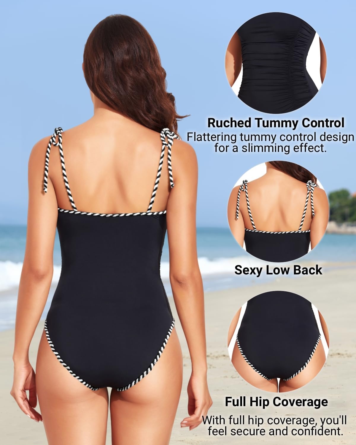 image:imageWomen One Piece Swimsuits Ruched Slimming Bathing Suits Vintage SwimwearBlack and White