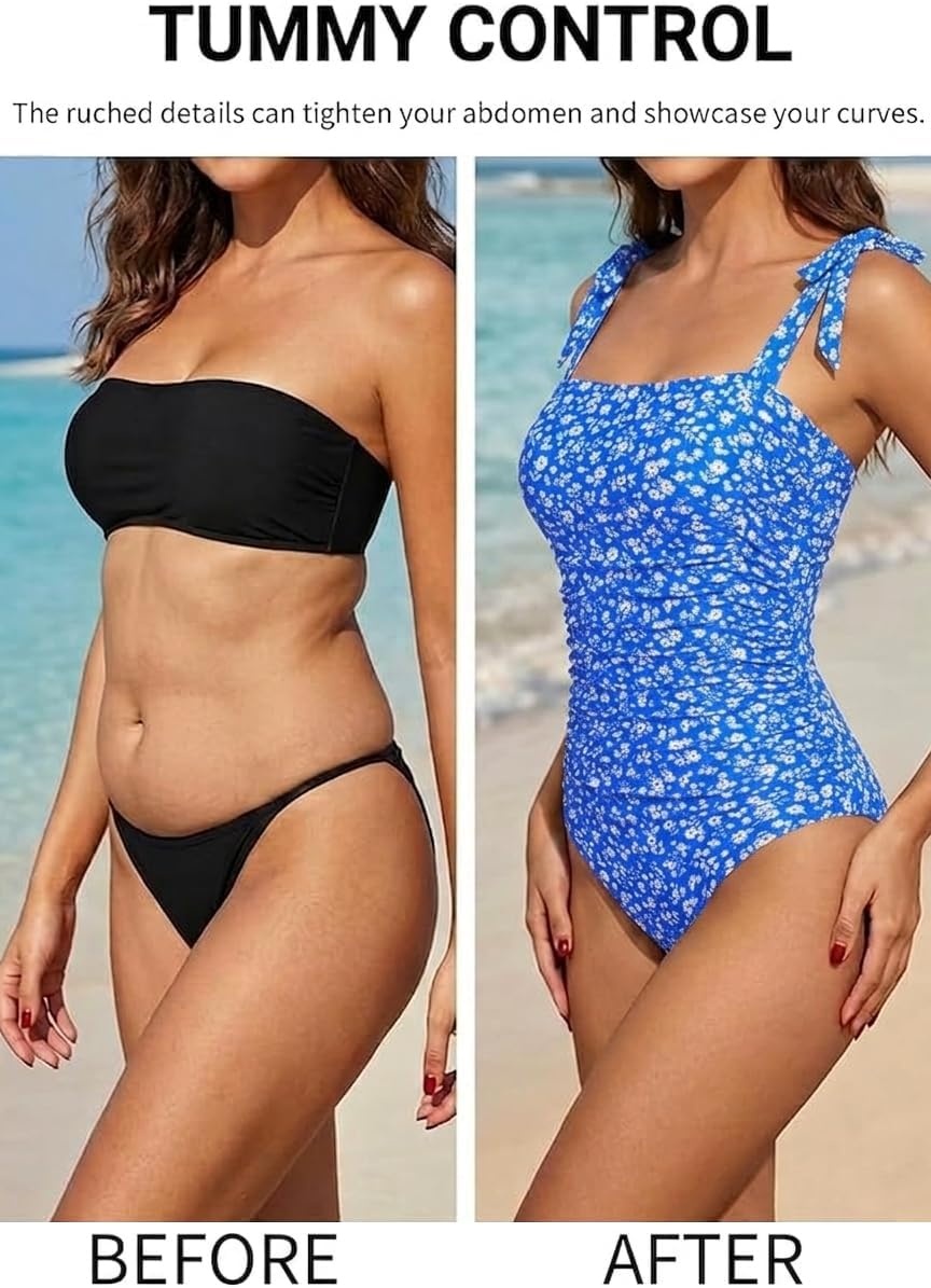 image:imageWomen One Piece Swimsuits Ruched Slimming Bathing Suits Vintage SwimwearBlue White Floral