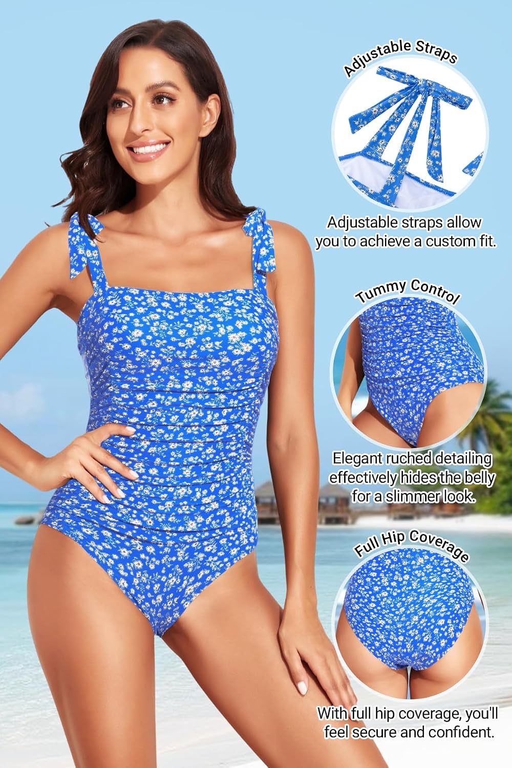 image:imageWomen One Piece Swimsuits Ruched Slimming Bathing Suits Vintage SwimwearBlue White Floral