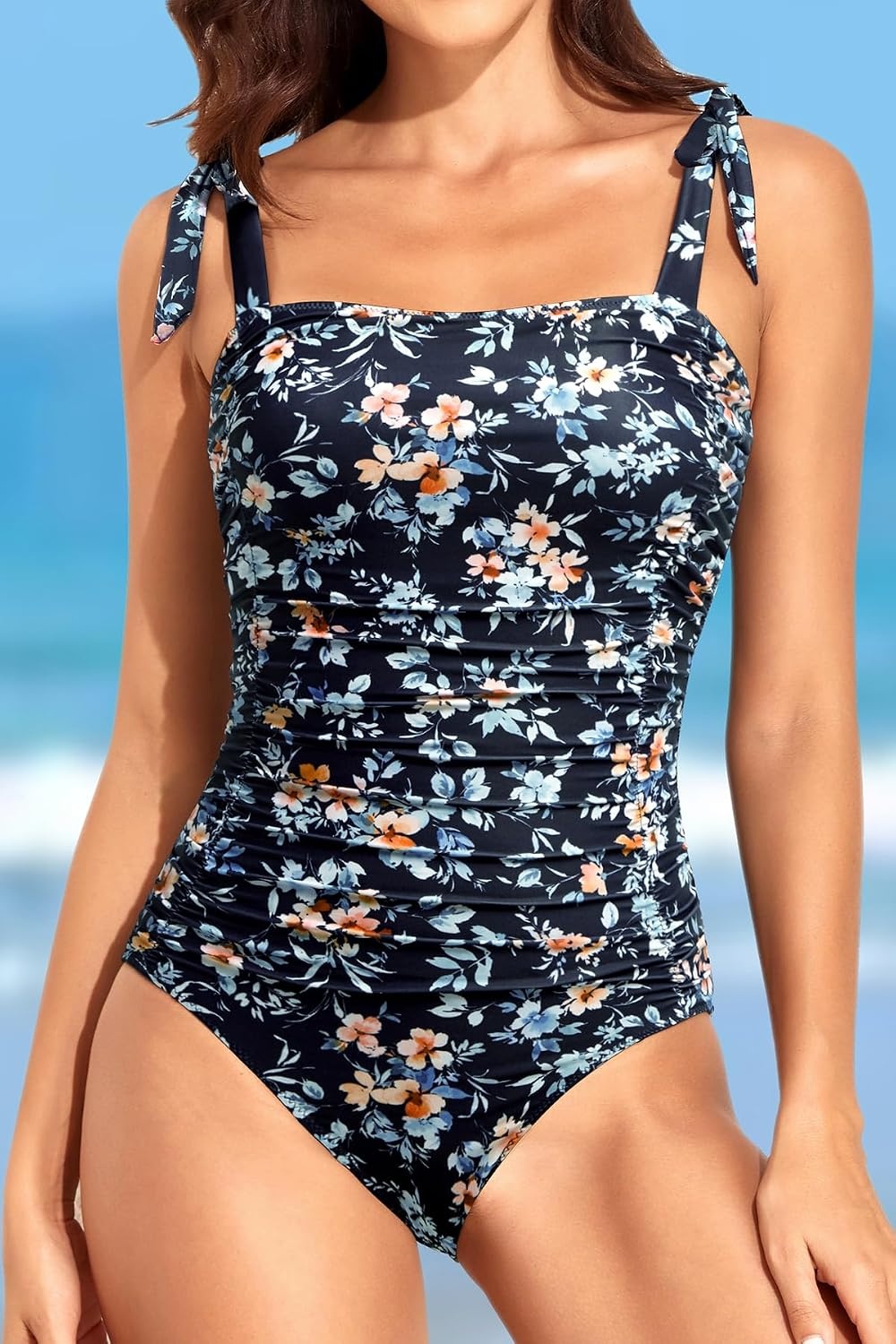image:imageWomen One Piece Swimsuits Ruched Slimming Bathing Suits Vintage SwimwearNavy Blue Flowers