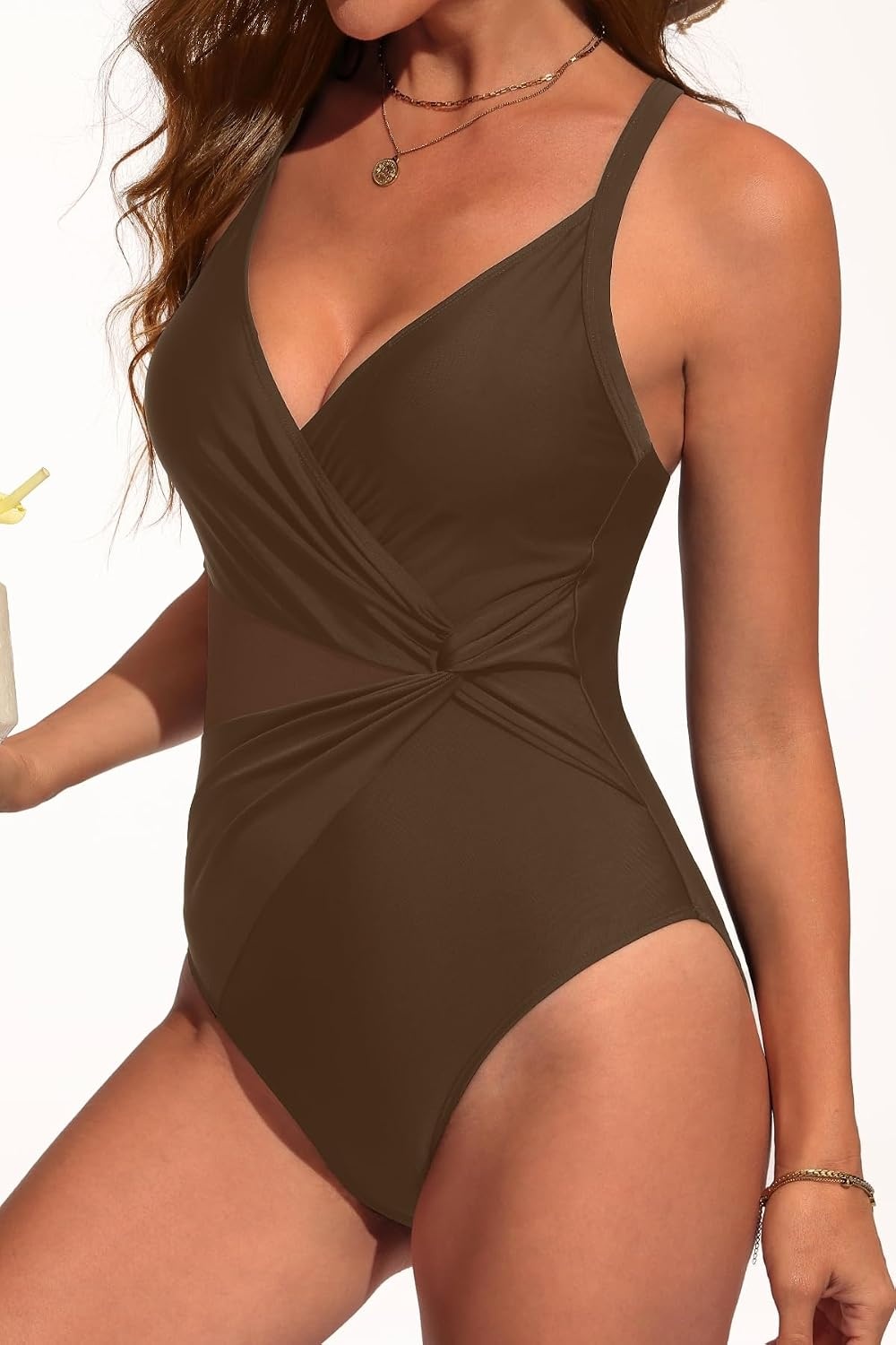 image:imageWomen Sexy Mesh Cutout One Piece Swimsuit Tummy Control Bathing Suit 2026Brown