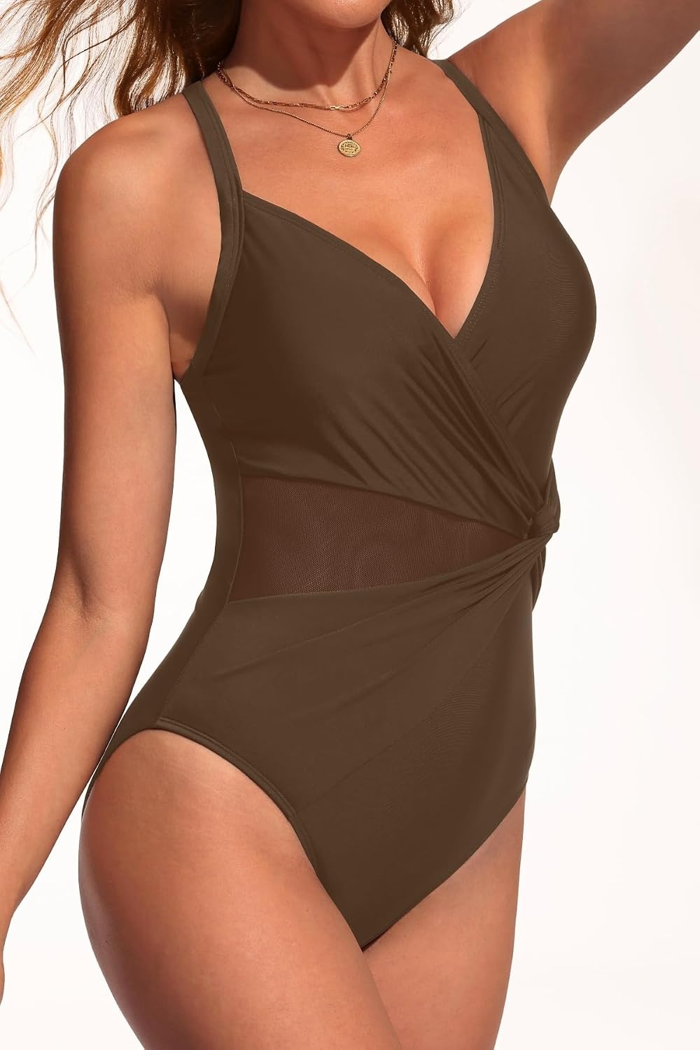 image:imageWomen Sexy Mesh Cutout One Piece Swimsuit Tummy Control Bathing Suit 2026Brown