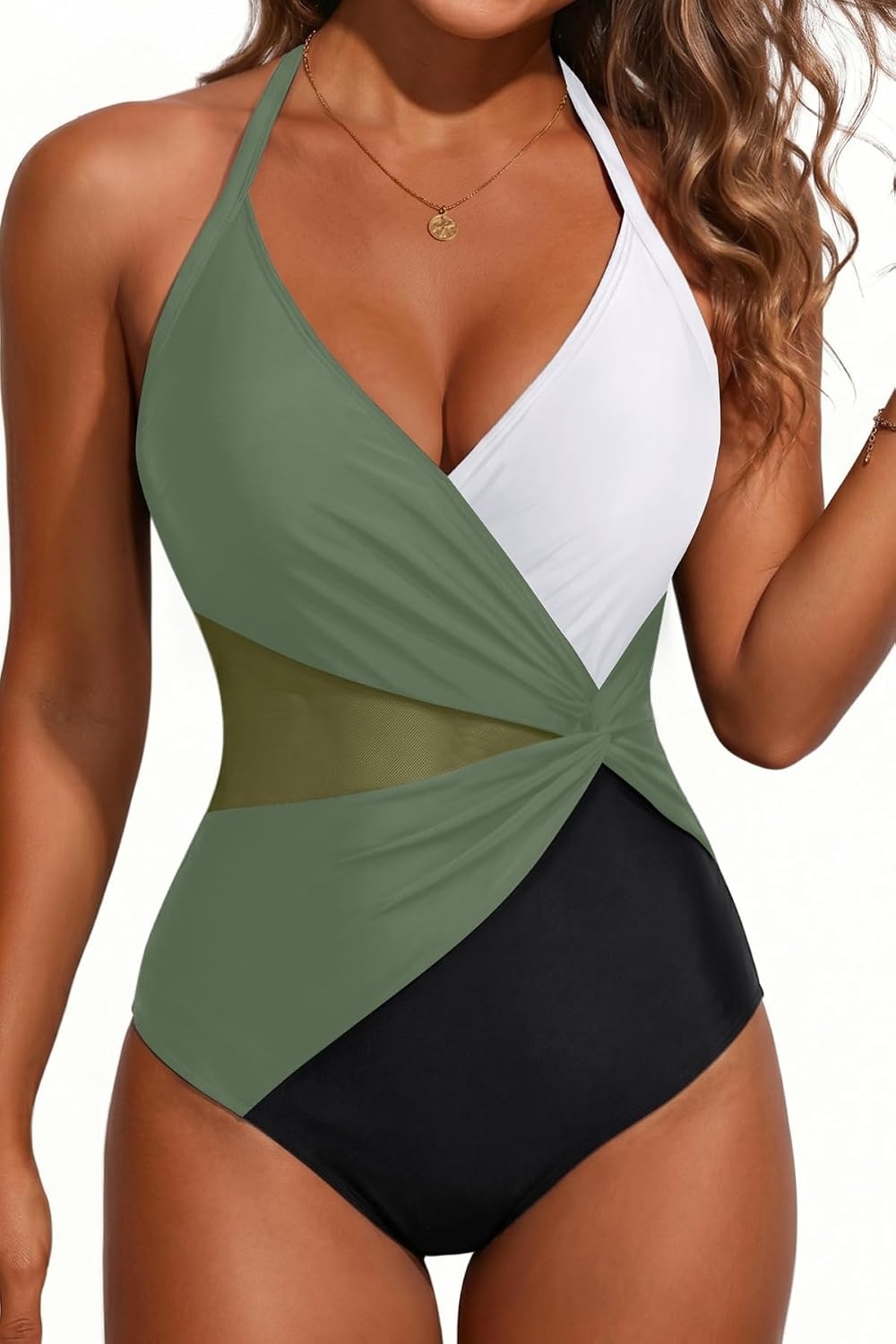 image:imageWomen Sexy Mesh Cutout One Piece Swimsuit Tummy Control Bathing Suit 2026Green White Black