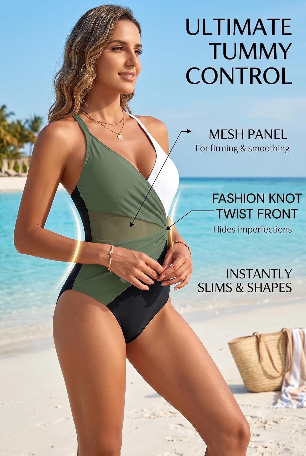 image:imageWomen Sexy Mesh Cutout One Piece Swimsuit Tummy Control Bathing Suit 2026Green White Black