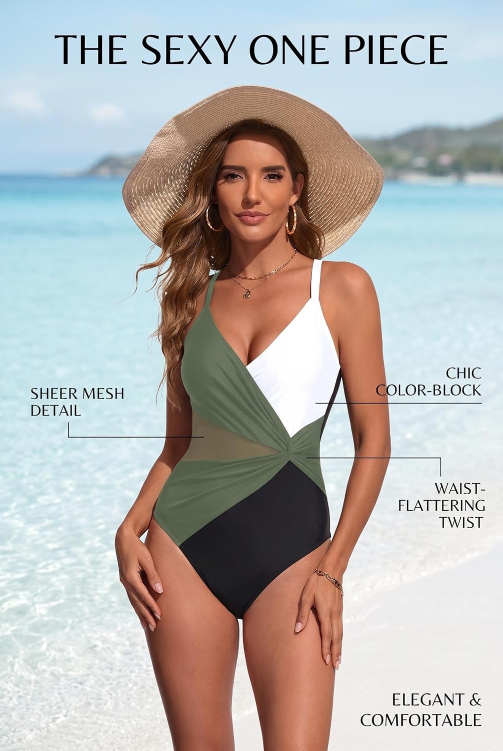 image:imageWomen Sexy Mesh Cutout One Piece Swimsuit Tummy Control Bathing Suit 2026Green White Black