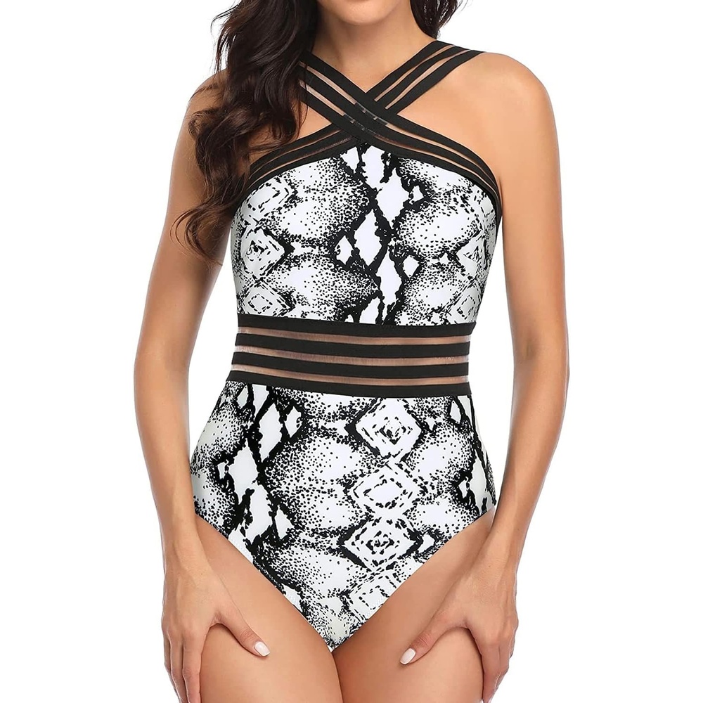 image:imageTempt Me Women Crisscross One Piece SwimsuitBlack and White