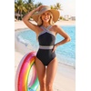 Tempt Me Women Crisscross One Piece Swimsuit(Black Blue Trim)