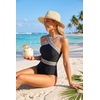 Tempt Me Women Crisscross One Piece Swimsuit(Black Blue Trim)