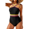 Tempt Me Women Crisscross One Piece Swimsuit(Black Colorful Trim)