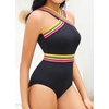 Tempt Me Women Crisscross One Piece Swimsuit(Black Colorful Trim)