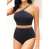 Tempt Me Women Crisscross One Piece Swimsuit(Black Colorful Trim)