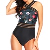 Tempt Me Women Crisscross One Piece Swimsuit(Black Floral)