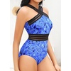 Tempt Me Women Crisscross One Piece Swimsuit(Blue Paisley)